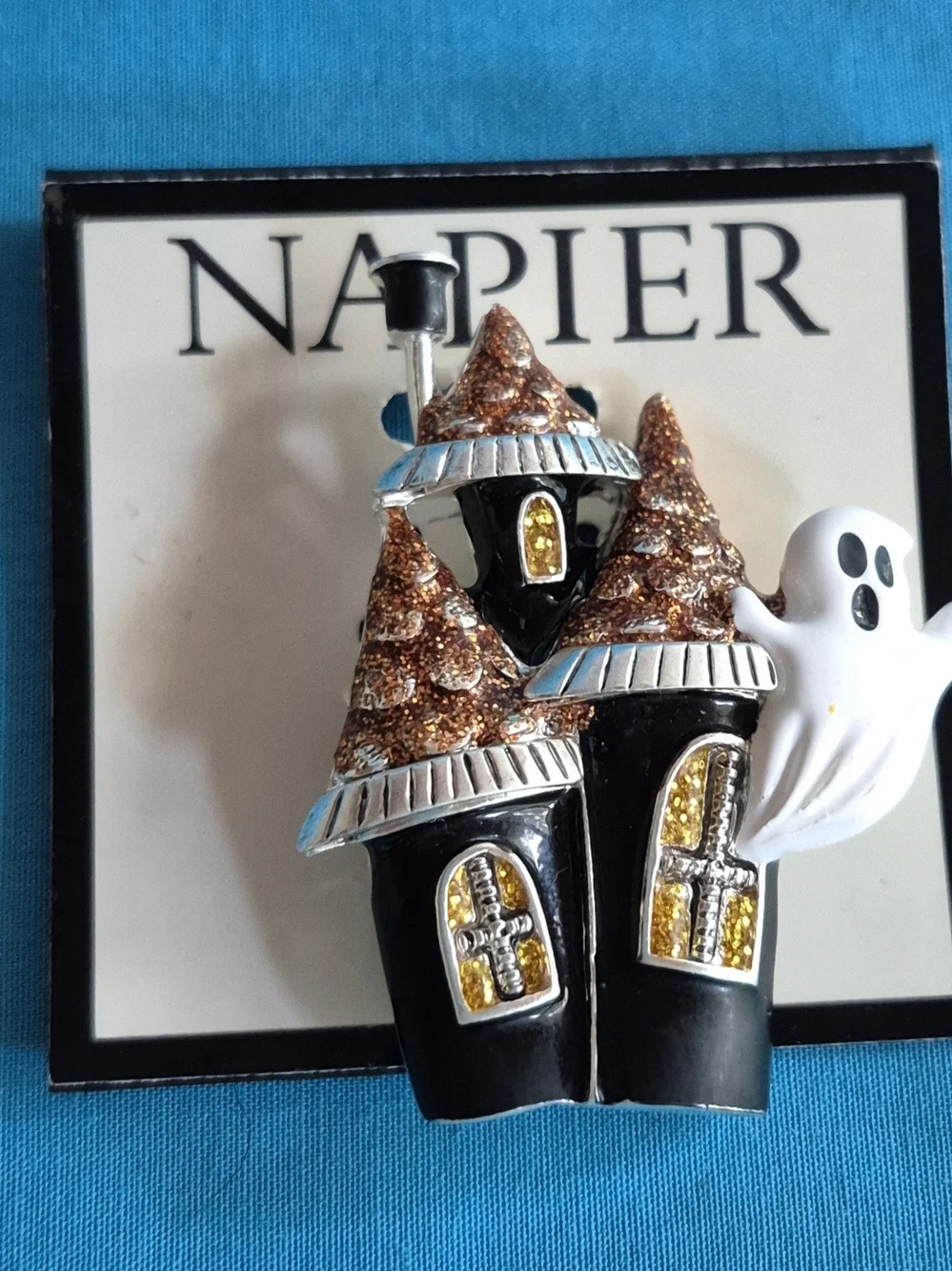 Napier Halloween Haunted House Ghost Brooch Pin Enamel Silver Tone NWT